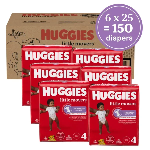 👶 Huggies Little Movers Baby Disposable Diapers – Size 4 (150 Count)