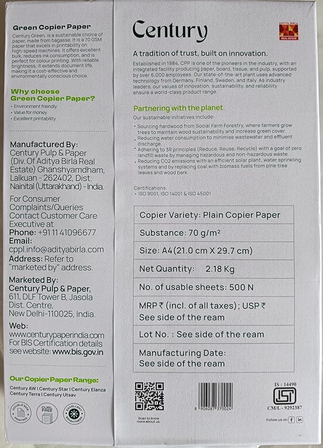 century white copier paper a4 size, 70 gsm unruled, 2500 sheets, 5 reams pack century white copier paper a4 size, 70 gsm unruled, 2500 sheets, 5 reams pack
